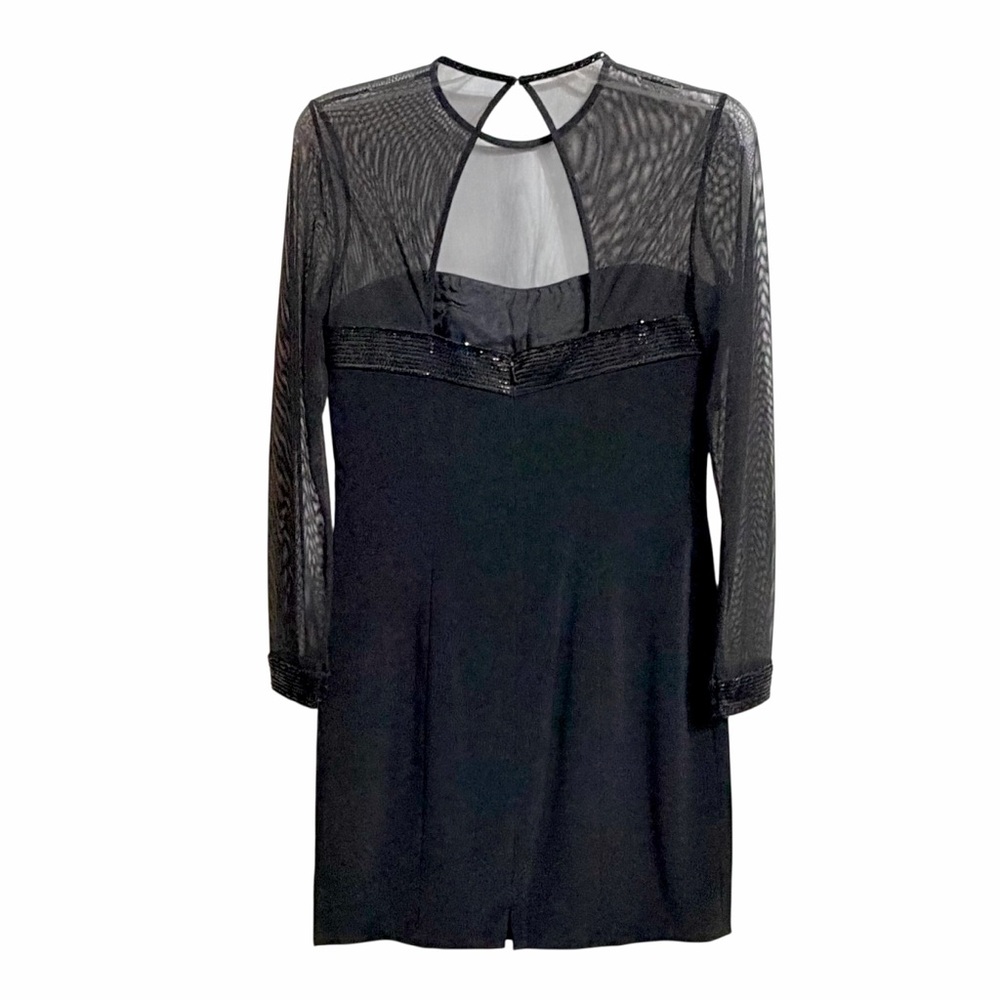 Black Tie Oleg Cassini VTG Beaded Cocktail Sheath Mini Dress Black 6 Sheer Mesh - Picture 5 of 11